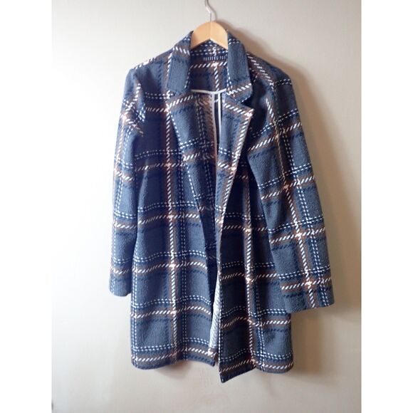 Potter's Pot Trench Coat Open Front Jacket Taupe Gray Plaid Suit Large - Picture 1 of 13